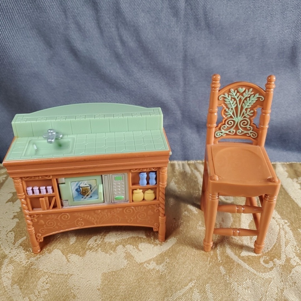 Mattel Barbie Kitchen Island & Chair Set 2004 Terracotta Green Good Furniture